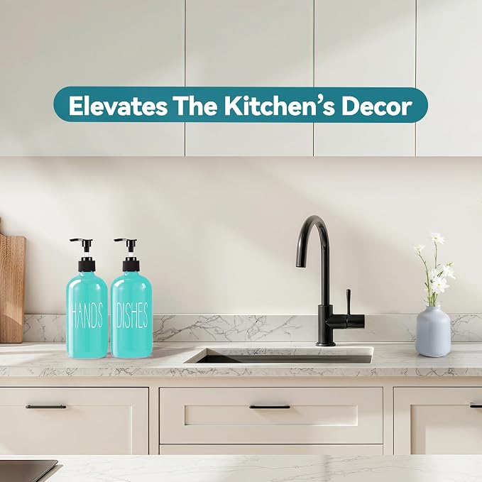 COHOSEGE Glass Soap Dispenser Set 2 Pack,16 Oz Dish Soap Dispenser for Kitchen Sink,Teal Kitchen Accessories and Kitchen Decor,Turquoise Decorations and Kitchen Utensils for Kitchen