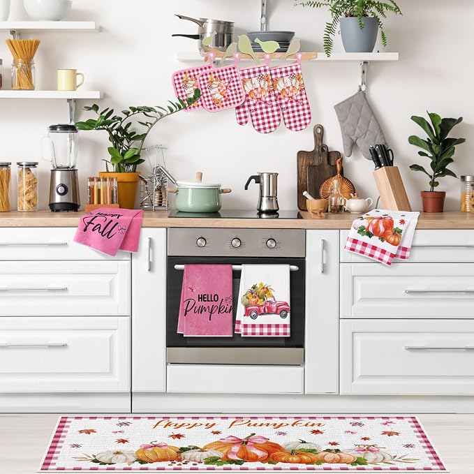 Fanfanwin 10 Pcs Fall Scarecrow Kitchen Decor Set Scarecrow Pumpkin Kitchen Rugs Towels Pot Holders Oven Mitts Set for Thanksgiving Autumn Baking Cooking BBQ Home