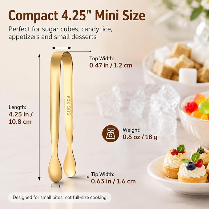Mini Serving Tongs Set of 8, 4.25" Gold Stainless Steel Spoon Design | Perfect for Sugar Cubes, Charcuterie, Tea Parties, Dessert Bars, Candy Buffets. Elegant Multi-Station Serving for Events