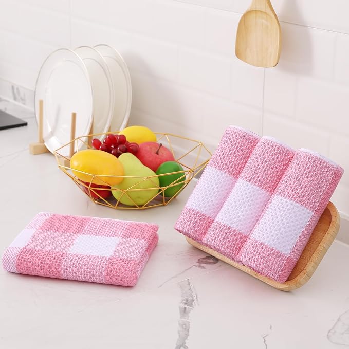 Homaxy Kitchen Towels and Dishcloths Set, Set of 12, White & Pink | Bulk Cotton Waffle Weave Check Plaid Kitchen Towels, Super Soft and Absorbent Dish Cloths, 12 x 12 and 13 x 28 Inches