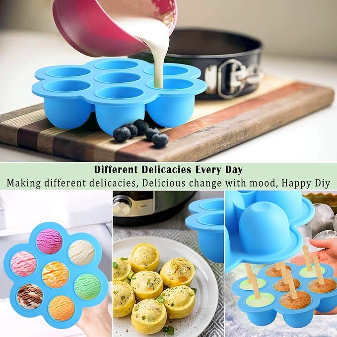 7PCS Silicone Egg Bites Mold Set with Steamer Rack for 6qt 8qt Instant Pot | Includes 2 Spoons and 2 Spatulas for Meal Prep, Breakfast Recipes, Steaming, Baking, and Convenient Homemade Egg Snacks