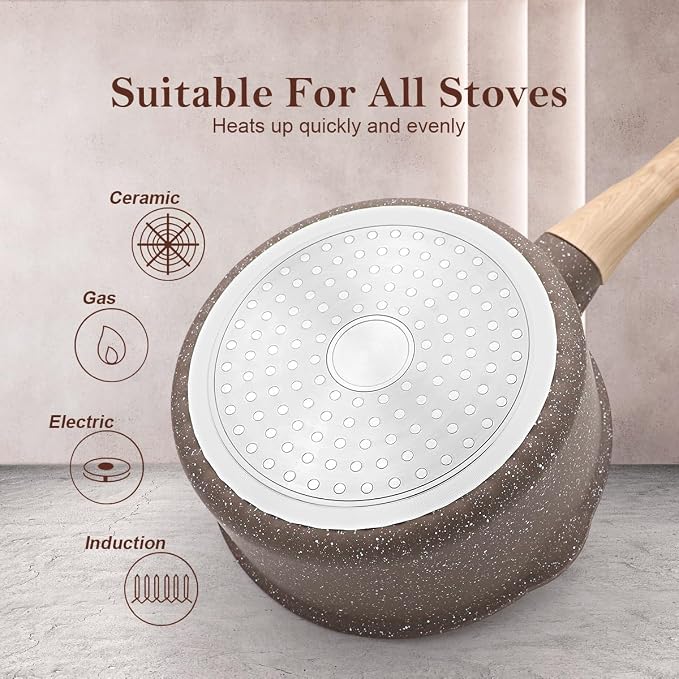 AIKENBBKK 1.5 Quarts Ceramic Nonstick Saucepan with Lid, Small Sauce Pot with Pour Spouts for Multipurpose Use, Milk Pan with Detachable Handle, Oven Safe (Brown)
