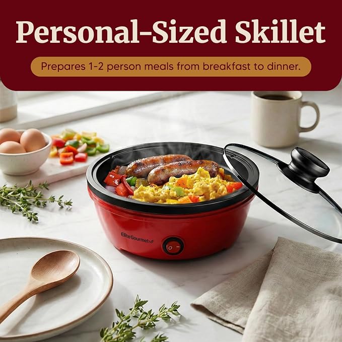 Elite Gourmet EGL-6101 Stir Fry Griddle Pan, 650W Non-Stick Skillet, Red | Rapid Heat-Up, Tempered Glass Lid for Easy Monitoring, Compact Personal-Size, Ideal for Pancakes & Eggs