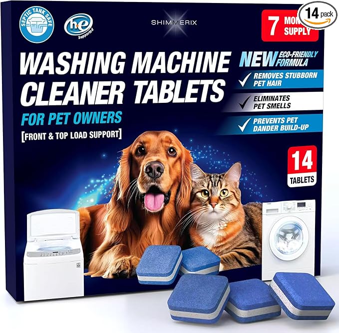 Washing Machine Cleaner Pro Tablets for Pet Owners, 14 Pack, Front/Top Load | Remove Stubborn Pet Hair, Washer Deep Cleaning, Septic Tank Safe, HE Support, Eliminates Pet Smells, Prevents Dander Build-up