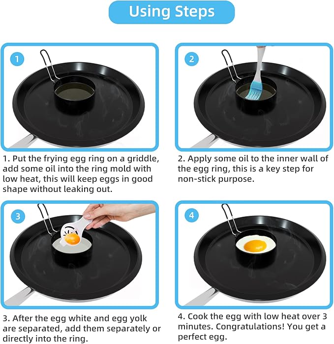 8 Inch Omelette Ring, 6 Inch Pancake Ring and 3.5 Inch Egg Ring | Upgrade 3 Pack Assorted Size Nonstick Stainless Steel Round Cooking Rings Molds with Oil Brush & Egg Separator for Griddle