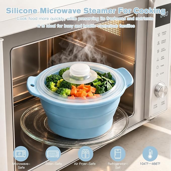 42oz Silicone Microwave Food Steamer with Steam Basket, Collapsible Steamer for Cooking Vegetable, Seafood, Dumplings, Rice Cooker, BPA Free Small Steam Pot with Handle & Lid, Dishwasher Safe (Blue)
