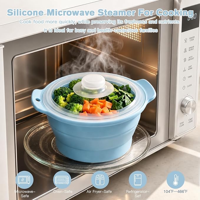 42oz Silicone Microwave Steamer For Cooking, Collapsible Food Steamer For Vegetable, Seafood, Soup, Leftovers, Rice Cooker, BPA Free Small Steam Pot with Handle & Lid, Dishwasher Safe (Blue), 1 Pack