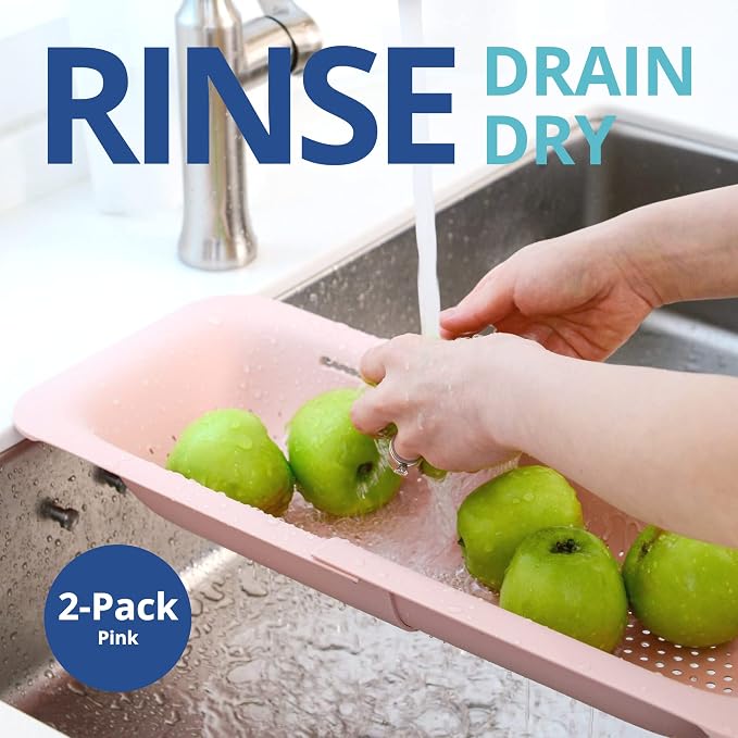 Blue Ginkgo Over Sink Colander, Extendable Kitchen Strainer, 2-Pack, Pink