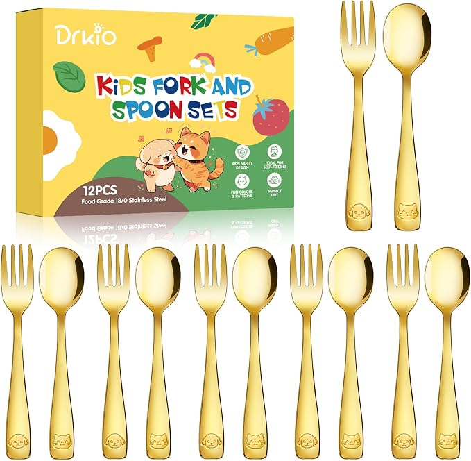 12Pcs Stainless Steel Toddler Utensils Small Metal Kids Silverware | Food-grade, Ideal Transitional Baby Forks and Spoons, Cute pattern, Designed for Children, Dishwasher Safe, Mirror Polished