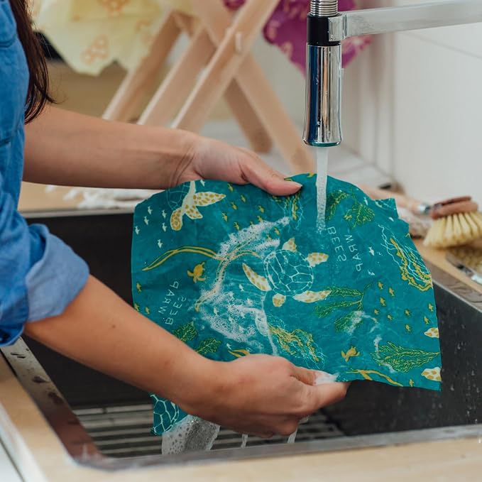 Bee's Wrap Beeswax Food Wraps, 2 Medium & Sandwich Pack - Ocean | Organic Beeswax Wraps - Plastic Free - Reusable Food Storage - Lunches & Leftovers - Made in USA