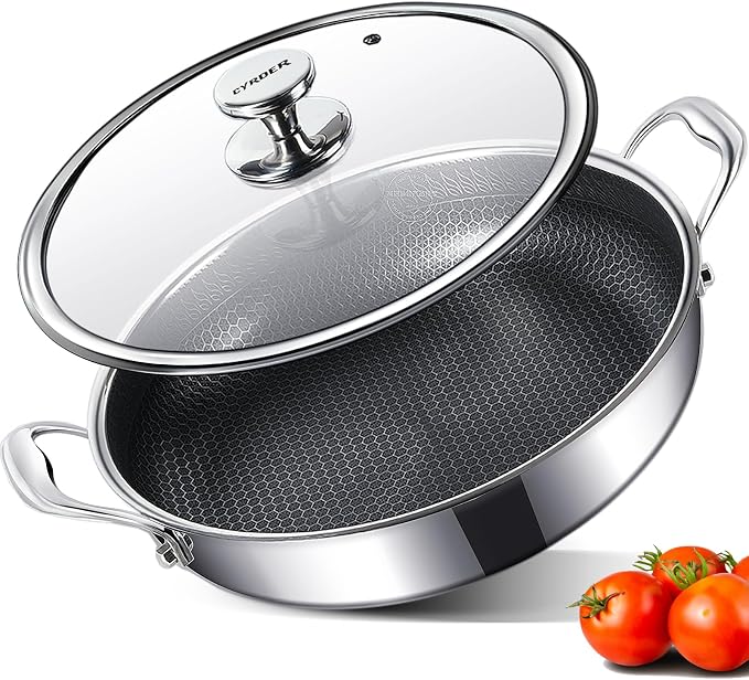 316L Stainless Steel Hybrid Nonstick Frying Pan, 12inch 6QT | Induction Pan with Lid, Two Handle Pan, PFOA Free, Dishwasher Oven Safe, Paella Pan for Stir fry/Toast/Roast/Bake/Stew