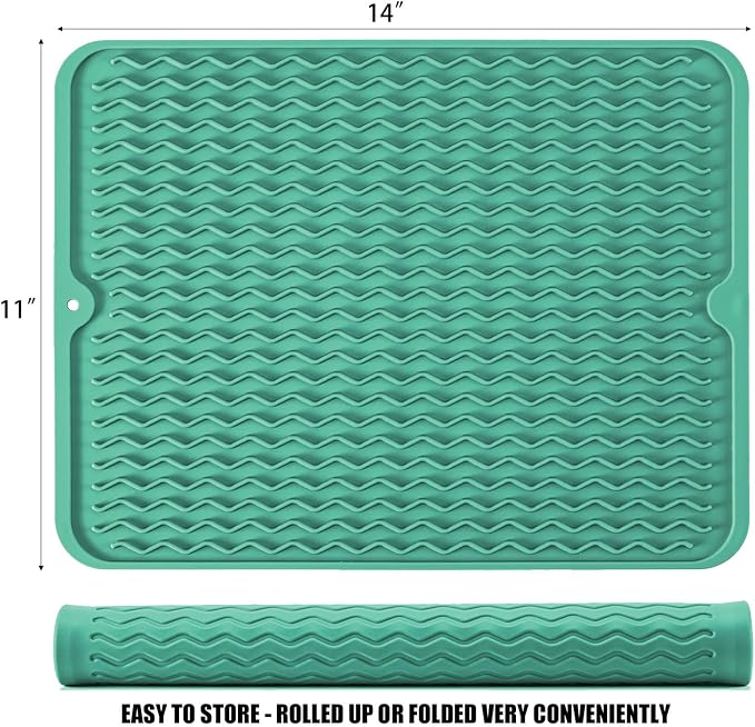 Silicone Dish Drying Mat, Non-Slip Easy Clean Sink Mat, Green, 14" x 11" | Quick-Dry Ridges, Large Heat-resistant Dish Drainer Mat for Kitchen Counter, Hangable & Roll-Up for Storage, Dishwasher Safe