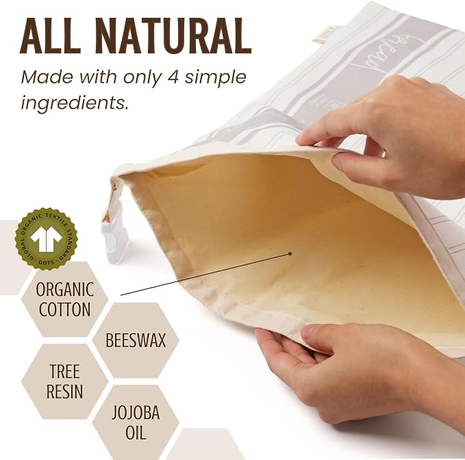 Nectar & Nest Reusable Beeswax Bread Bags for Homemade Bread & Sourdough | Organic Cotton, Beeswax-Lined XL 13x17 Waxed Bags Keep Sourdough Loaves Fresh Longer; Reusable, Zero Waste, Compostable