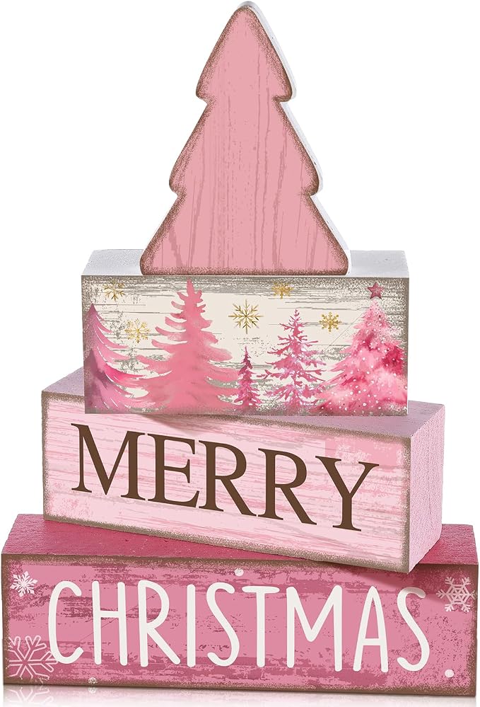 Lineshading 4 Pcs Wooden Merry Christmas Block Signs Pink Farmhouse Decor | Rustic Signs for Tiered Tray, Tabletop Centerpiece, Holiday Theme Display, Tree Shape Topper Included, Gift Ready