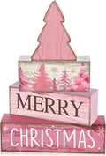 Lineshading 4 Pcs Wooden Merry Christmas Block Signs Pink Farmhouse Decor | Rustic Signs for Tiered Tray, Tabletop Centerpiece, Holiday Theme Display, Tree Shape Topper Included, Gift Ready