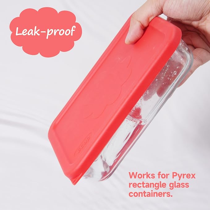 3 Cup Rectangle Silicone Storage Cover Lids Replacement for Pyrex 7210-PC Glass Bowls, (Container not Included) 2 Pack, Microwave, Dishwasher and Freezer Safe (Cherry Red)
