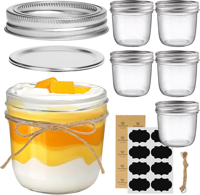 ComSaf 8 oz Wide Mouth Mason Jars, 6 Pack Small Half Pint Jars with Lids | BPA-Free, Half-Pint Portion, Chunky Salsa, Overnight Oats, Party Favors, Meal Prep, DIY Candles, Labels and Twine