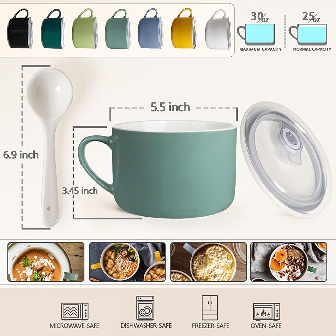 Soup Bowls with Handles & Spoons, 30oz Ceramic Ramen Bowl with Lid, Large Soup Mugs/Cups for Instant Noodle, Big Cereal Bowls for Oatmeal, Soup Containers with Lids, Set of 2, Teal Blue