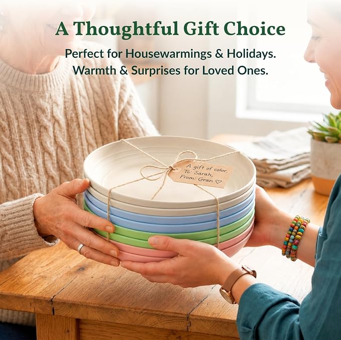 Deep Dinner Plates Set of 8 Unbreakable Wheat Straw Plates Plastic Reusable Plates for Kitchen, Picnic, RV, Dishwasher and Microwave Safe Plates for Salad, Dessert (Fresh Light, 9 inch)
