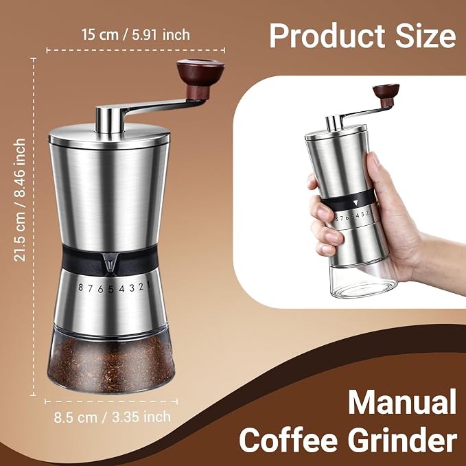 Ceramic Burr Manual Coffee Grinder with 8 Adjustable Coarseness Settings | For Cold Brew Espresso Beans French Press Pour Over Drip,Stainless Steel Hand Crank Coffee Mill for Home Use Travel Camping