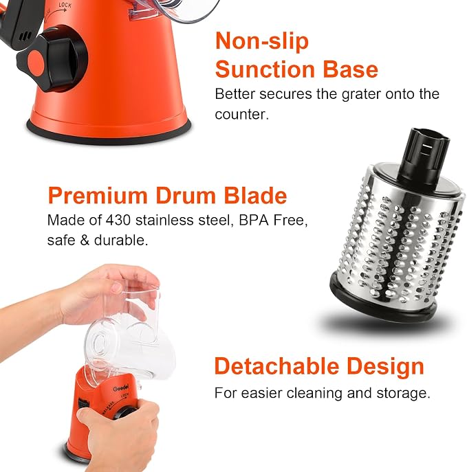 Geedel Rotary Cheese Grater, Kitchen Mandoline Vegetable Slicer with 3 Interchangeable Blades, Easy to Clean Rotary Grater Slicer for Fruit, Vegetables, Nuts | 3 Blades, 430 Stainless Steel, 12x Fast Cutting, Strong Suction Base, No BPA, Dishwasher Saf...