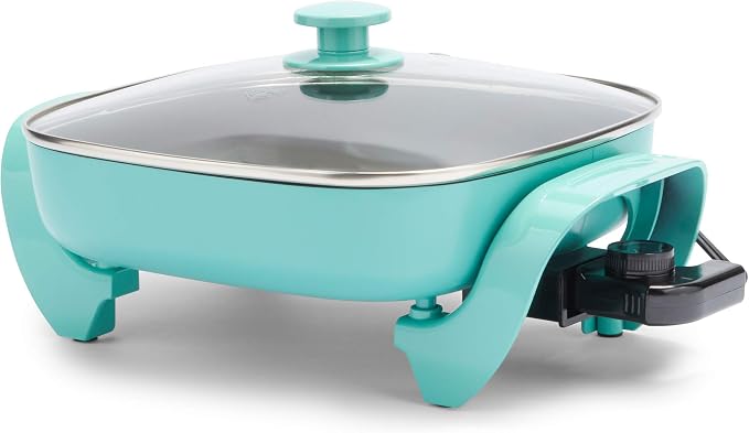 GreenLife 12" 5QT Electric Skillet, Turquoise | PFAS-Free Ceramic Nonstick Coated Interior, Glass Vented Lid, Temperature Control, Dishwasher Safe, Pancakes, Eggs, Bacon