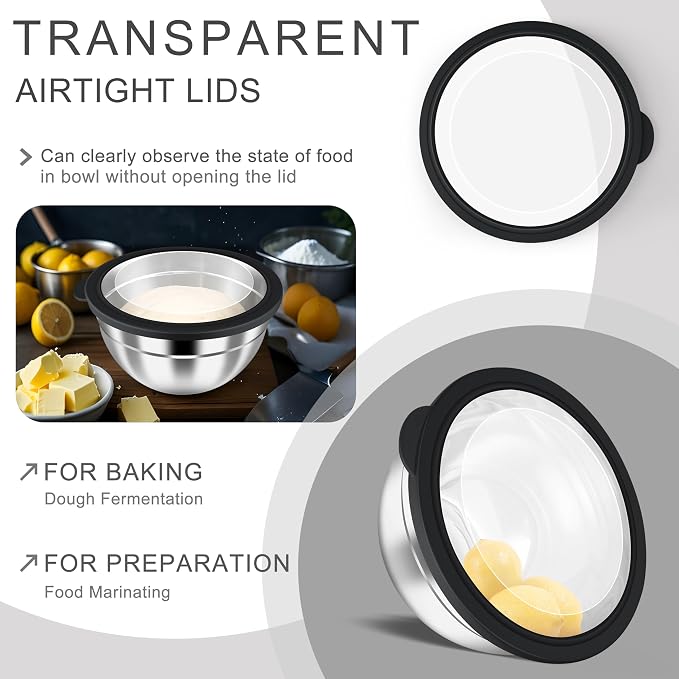 HaWare Mixing Bowls with Airtight Clear Lids, 6-Piece Nesting Bowls Set | Stainless Steel Salad Bowl for Cooking, Prepping, Baking, Serving & Food Storage, Size 4.6, 3, 1.5QT, Black