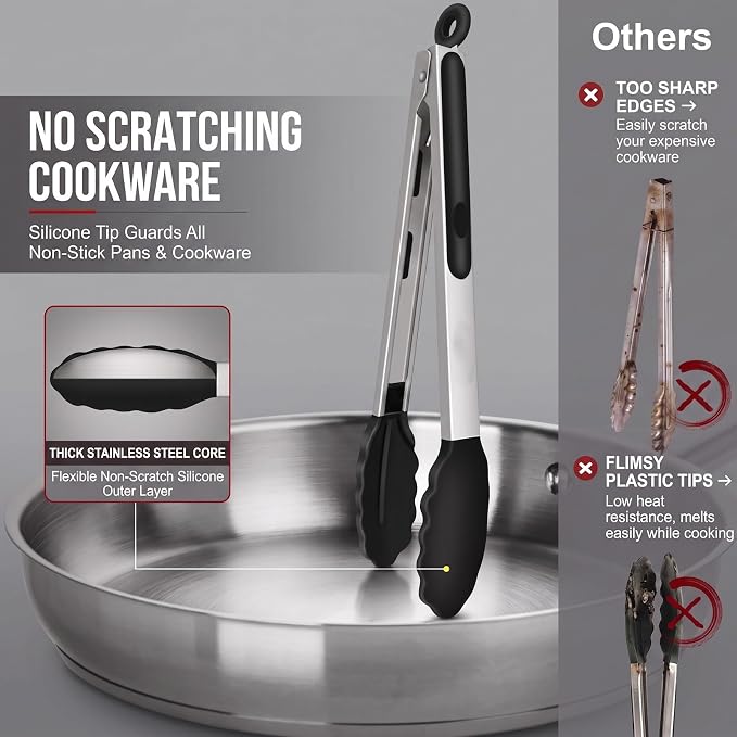 Kitchen Tongs for Cooking, Set of 4 with Oil Brush (7" 9" 12"), Heat Resistant 572°F Stainless Steel, Heavy Duty Metal Locking Tongs with Silicone Tips, Black, BBQ Grilling Dishwasher Safe