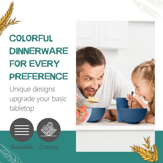 Teivio 32-Piece Plates and Bowls Sets for 8, Autumn Blue Dinnerware Sets | 13.5oz Cups, Plastic Wheat Straw Unbreakable Dish Set, Dishwasher Safe, for Outdoor Camping RV Apartment Essentials Plate Set