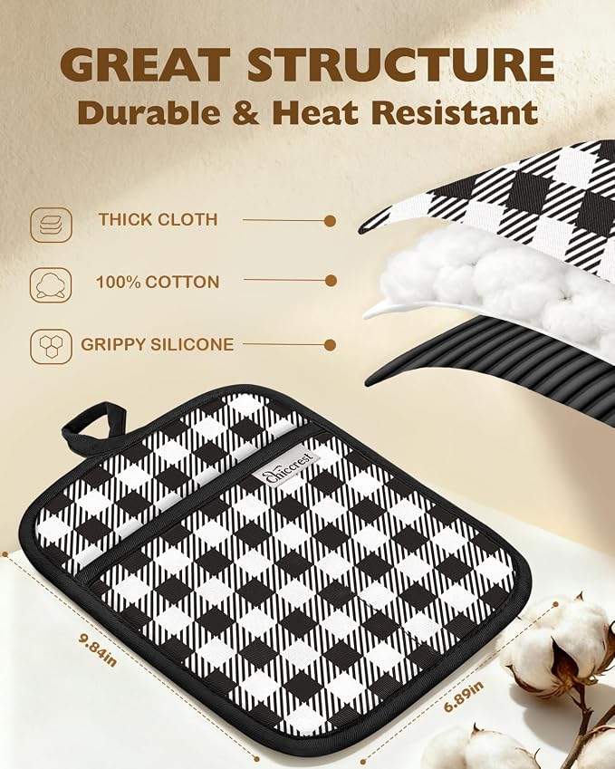 100% Thick Cotton Pot Holders Ribbed Soft Silicone Black Gingham | Stylish Pot Holders with Pockets, Ribbed Soft Silicone, Machine Washable Non-Slip Heat Resistant Hot Pads 2pcs, Kitchen Gift