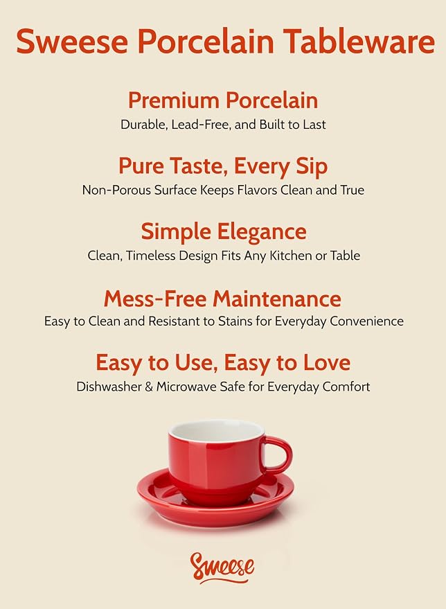 Sweese 8 Ounce Porcelain Stackable Cappuccino Cups with Saucers and Metal Stand - for Specialty Coffee Drinks, Cappuccino, Latte, Americano and Tea - Set of 4, Red
