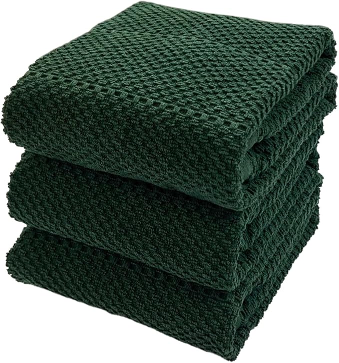 Dark Green Kitchen Hand Dish Towels, Set of 3, 100% Cotton, 18" x 28" | Terry Loop Textured, Soft & Absorbent Cleaning Cloth, Quick Dry, Multipurpose for Everyday Use