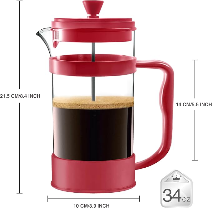 Utopia Kitchen Borosilicate Glass French Press Coffee Maker 34 Oz, Red | Heat-Resistant Cafetiere & Tea Maker, Thickened Glass Coffee Press for Travel and Camping