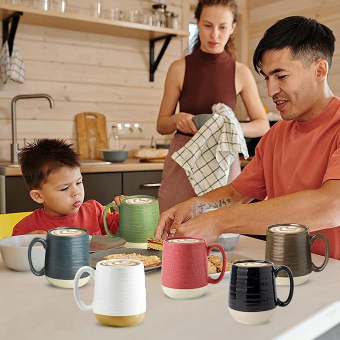 HASENSE Porcelain Coffee Mugs Set of 6, 15 Ounce Large Ceramic Coffee Cups Set with Handle for Latte, Tea, Cocoa and Hot Chocolate, Colorful Coffee Mugs for Men and Women, Microwave Safe