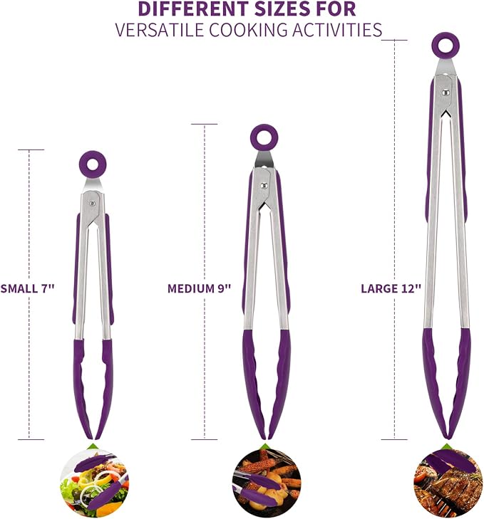 U-Taste Kitchen Tongs for Cooking, 600ºF Heat-Resistant Tps, 3Pcs/Purple | Silicone Tong Set 7/9/12in, Salad/Grill/BBQ Plastic Tongs for Food Serving, Rubber Thong with 18/8 Stainless Steel Handle