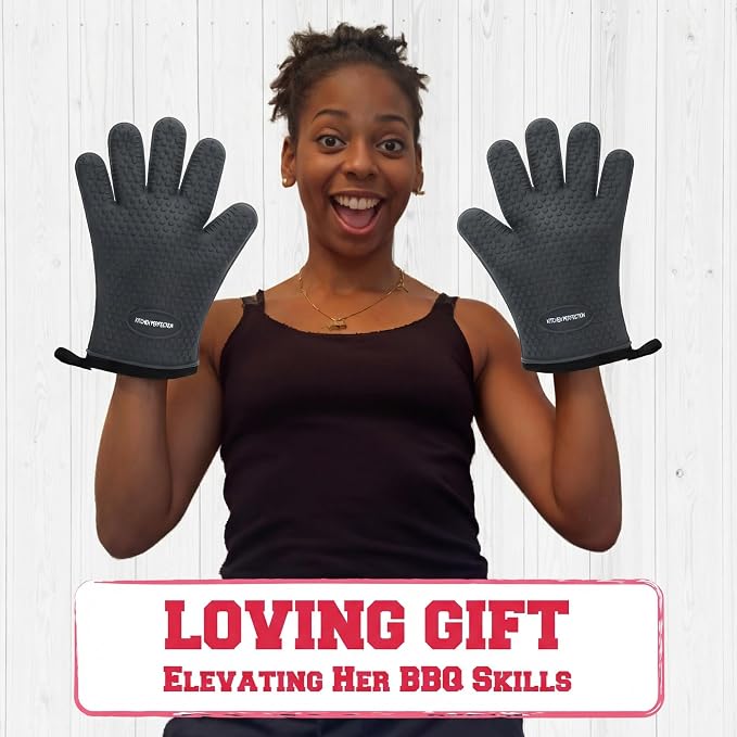 KITCHEN PERFECTION S Silicone Smoker BBQ Gloves - Heat Resistant Oven Mitts | Made For Women, Waterproof, 5-Finger Design For A Better Grip, For Meat Smoking, Grilling, Cooking, Frying Turkey, Grill Gift