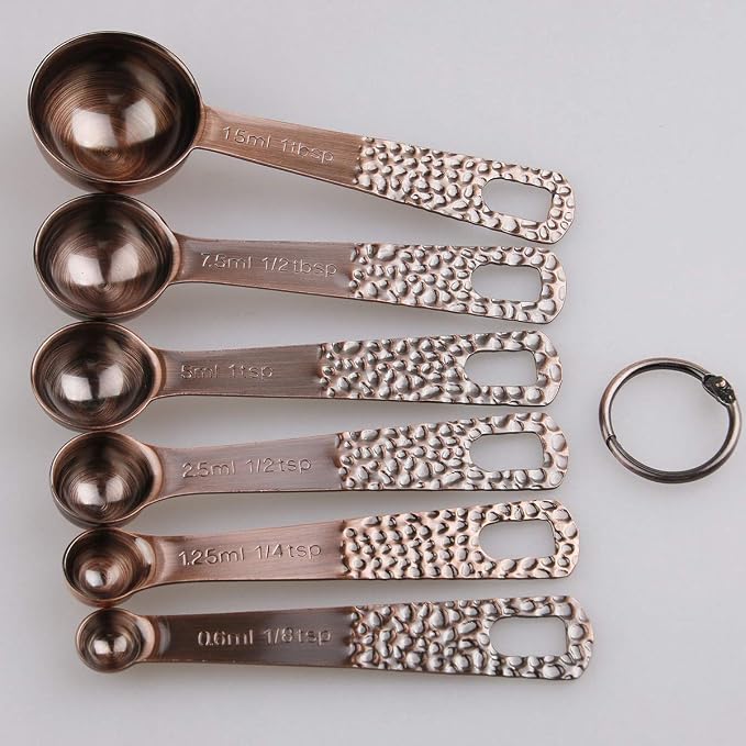 Measuring Spoons Set, Copper Measuring Spoons Set, Stainless Steel Measuring Spoons, Copper Plated Measuring Spoons, 6 Measurer Spoons (Copper-6spoons+1ring)