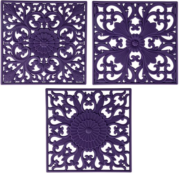 Silicone Trivets for Hot Pots and Pans, Square Non Slip Mats for Table, Multi-Use Carved Hot Pads, Flexible Modern Pad Heat Resistant Big Teapot Coaster Set of 3 Purple