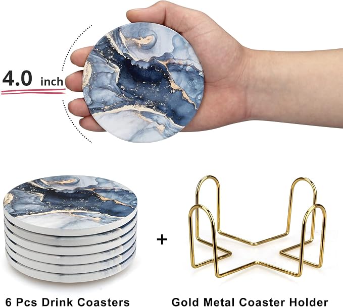 Coasters Set of 6, Navy Blue Marble Abstract Ceramic Coasters with Holder | Best Round Absorbent Drink Coaster Set, Coffee Table Decor for Home Decor House Warming Gifts New Home