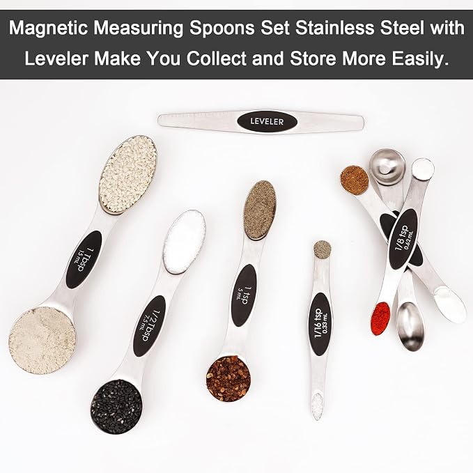 Aovchei 8 PCS Black Magnetic Measuring Spoons Set | Dual Sided, Stainless Steel Small Tablespoon, Teaspoons, Fits in Spice Jars, for Dry and Liquid