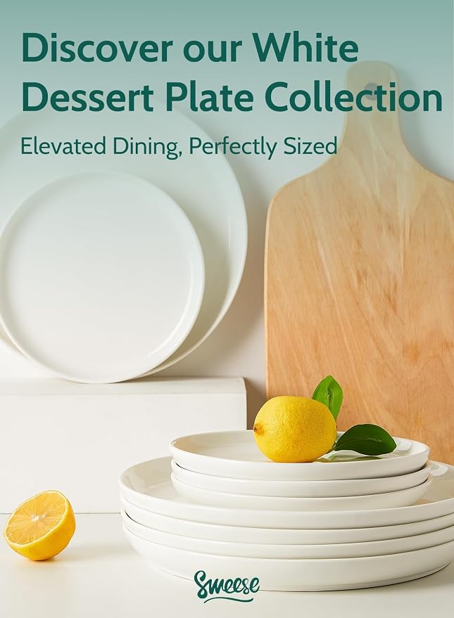 Sweese 7.4 Inch Porcelain Dessert Plates, Set of 6 - Stackable, Microwave Oven Safe - White