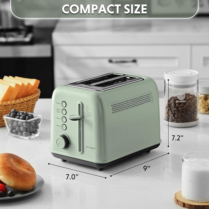 BUYDEEM DT620 2-Slice Toaster, 7 Shade Settings, Extra Wide 1.5'' Slots for Bagel & English Muffin, 6 Toasting Functions, Retro Stainless Steel Toaster with High Lift Lever, Cozy Greenish
