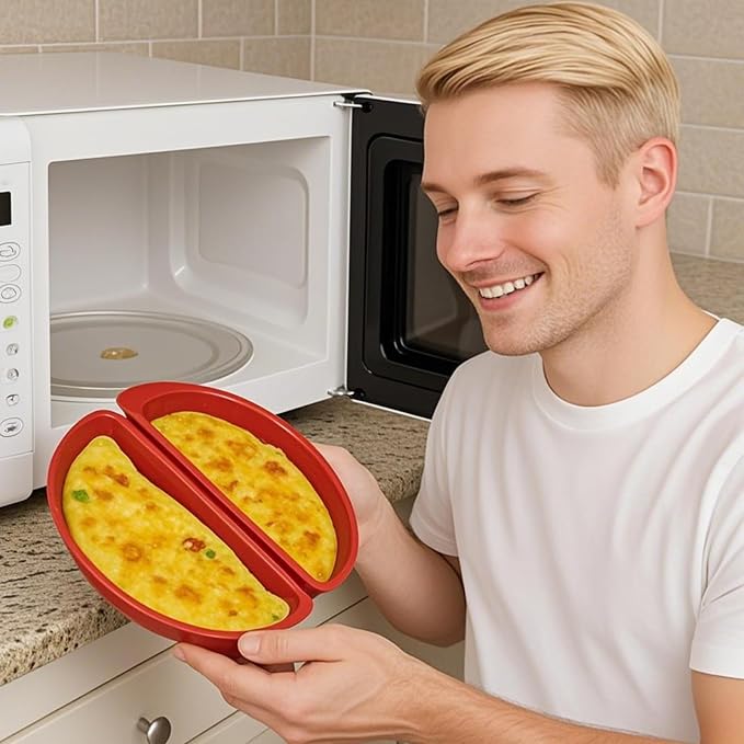 TopHomer 2 Cavity Easy Egg Breakfast Cooker, Microwave Omelet Pan and Egg Poacher - Egg Maker Easy to Use and Non-Stick Breakfast Egg Cookware (Red)