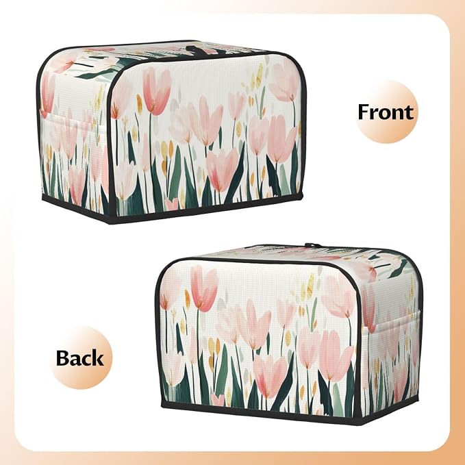 2 Slice Toaster Cover Tulip Flower Watercolor Dust Proof Washable Kitchen Appliance Cover with Pocket, Oxford Fabric Countertop Toaster Protector for Standard Toasters Small Appliances