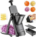 Jonscook 7-in-1 Safe Mandoline Slicer for Kitchen, Vegetable Slicer with Container, Veggie Chopper Cutter, Upgraded Tray & Stainless Steel Grater & Basket & Lid & Cleaning Brush (Black Knight Pro)
