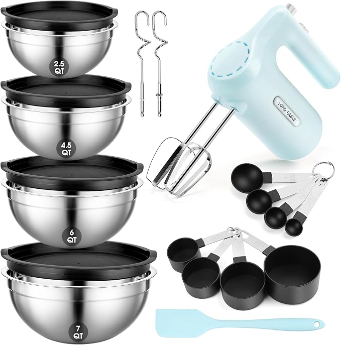 Lord Eagle 5-Speed Hand Mixer Electric With 4 Mixing Bowls Set | 300W Lightweight Kitchen Handheld Mixer with Measuring Cups & Spoons, Stainless Steel Bowls, Baking Supplies for Cake, Blue