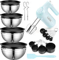 Lord Eagle 5-Speed Hand Mixer Electric With 4 Mixing Bowls Set | 300W Lightweight Kitchen Handheld Mixer with Measuring Cups & Spoons, Stainless Steel Bowls, Baking Supplies for Cake, Blue