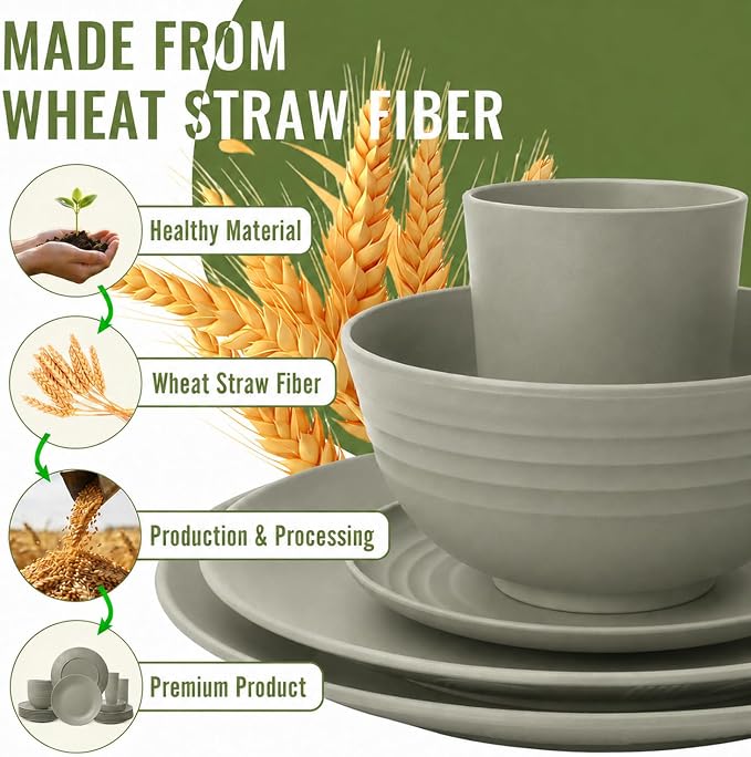 Unbreakable Wheat Straw Dinnerware Set 40 PCS - Wheat Straw Plates and Bowls Sets With Cups for 8 Dishwasher & Microwave Safe Lightweight Dish Set for Party Camping Kitchen - Grey