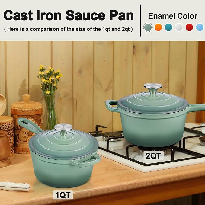 Leonyo 1Qt & 2Qt Saucepan Set, Cast Iron Dutch Oven Pot, Pistachio Green | For All Cooktops Cooking Pasta, Milk, Oatmeal - Up to 500°F & Nonstick