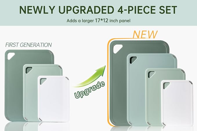 Plastic Cutting Board Set, Extra Large Cutting Board for Kitchen | Upgarded Set of 4, Non-Slip with Grip Handle, Large -Small Chopping Board for Cooking, Bpa Free, Dishwasher Safe, Sage Green